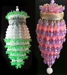 two vases made out of plastic beads and other items are shown side by side