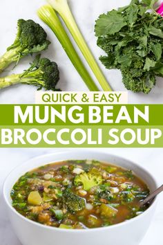 a bowl of mung bean broccoli soup on a white table with green onions and celery