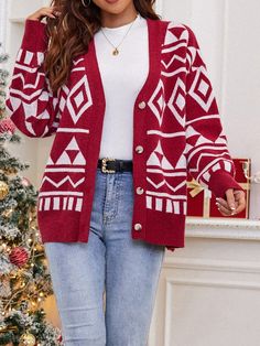 Christmas Cardigan Outfit, Traditional Red Cardigan For Winter, Casual Red Winter Cardigan, Elegant Red Winter Cardigan, Traditional Red Winter Cardigan, Red Fair Isle Winter Cardigan, Geometric Cardigan, Christmas Cardigan, Outfit Cardigan