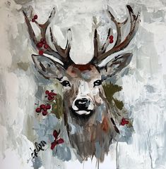 Silent Stag captures the quiet majesty of winter with a gentle palette and a touch of holiday spirit. This serene painting of a noble deer head is rendered in muted tones, bringing a sense of calm and wonder to any space. Scattered with delicate red Christmas berries, the piece is both timeless and festive, perfect for adding a hint of seasonal charm. Silent Stag embodies the quiet beauty of the wild, inviting viewers to pause and reflect amidst the holiday bustle. This beautiful piece is an exa Barn Animals, Christmas Berries, Deer Painting, Wedding Pets, Muted Tones, Drip Painting, Christmas Decorations Rustic, Deer Head