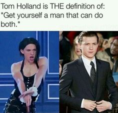 a man in a suit and tie making a funny face next to an image of tom holland