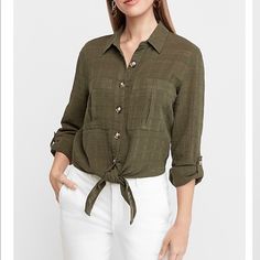 This Cute Olive Green Shirt Features A Stylish Tie-Front Design With Convertible Sleeves That Can Be Rolled Up Or Down. New With Tags. I Love This Shirt, But It Was Too Short For Me And I Should Have Sized Up. Versatile Button-up Tops With Roll-up Sleeves, Versatile Green Button-up Top, Chic Tops With Roll-up Sleeves And Button-up, Olive Green Shirt, Black Button Up Shirt, Portofino Shirt, Star Buttons, Fitted Blouses, White Button Up