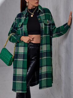 Plaid Flap Pocket Drop Shoulder Coat Multicolor Casual  Long Sleeve Fabric Plaid Shacket Non-Stretch Spring/Fall Women Clothing, size features are:Bust: ,Length: ,Sleeve Length: Drop Shoulder Coat, Longline Coat, Outerwear Women, Plaid Shirt, Flap Pocket, Drop Shoulder, Shirt Jacket, Tartan, Coats For Women