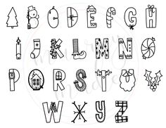 the alphabet is drawn in black and white, with christmas decorations on it's sides