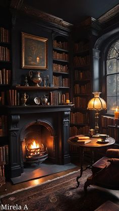 a living room filled with furniture and a fire place in front of a book shelf