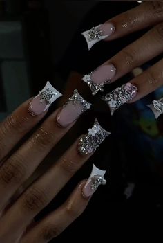 Silver Junk Nails, Dramatic Birthday Nails, Nails With A Lot Of Charms, Red Junk Nails, White Junk Nails, Red Birthday Nails, Birthday Nail Set Ideas, Quartz Nails, Junk Nails