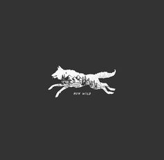 a white wolf running across a black background with the words run wild written on it