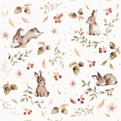 a watercolor painting of rabbits and berries