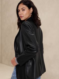 Vegan Leather Blazer | Banana Republic Factory Chic Leather Jacket With Faux Front Pockets, Sleek Faux Leather Jacket, Fall Leather Jacket For Workwear, Chic Solid Color Faux Leather Jacket, Chic Faux Leather Jacket, Classic Faux Leather Single-breasted Jacket, Leather Jacket With Faux Front Pockets For Work, Classic Leather Jacket With Faux Pockets For Work, Classic Leather Jacket For Work With Faux Pockets