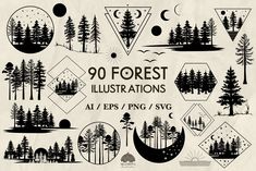 forest illustrations with trees, moon and mountains in black on white paper sheeted background