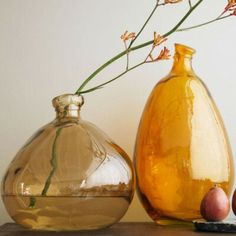 two vases sitting on top of a table with fruit and flowers in them next to each other