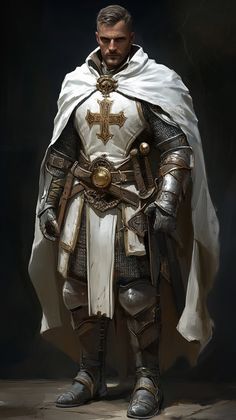 a man dressed in armor with a cross on his chest and cape over his shoulders