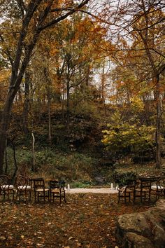 an outdoor ceremony set up with wooden chairs and fall leaves on the ground in front of trees