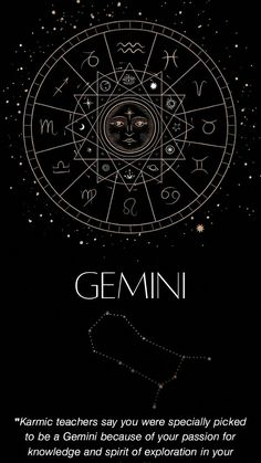 the zodiac sign for gemini is shown in front of a black background with gold stars