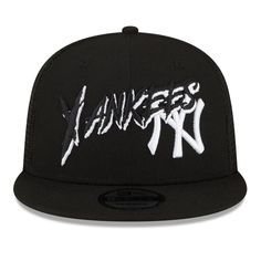 Gear up for New York Yankees game day with this Street Trucker 9FIFTY snapback hat from New Era. The front has a unique embroidered design of the team's name, and it sits on top of their iconic logo. The mesh mid and rear panels allow the breeze to flow through, so cheering on the New York Yankees can be as comfortable as ever. Officially licensed High Crown Mesh mid and rear panels Flat bill Structured fit Wipe clean with a damp cloth Two solid front panels with eyelets Woven clip tag Snapback Collegiate Streetwear Trucker Hat With Curved Brim, Collegiate Trucker Hat With Curved Brim For Streetwear, Collegiate Style Trucker Hat With Curved Brim For Streetwear, Black Snapback Baseball Cap With Letter Print, Throwback Trucker Hat For Baseball Season, Black Hip Hop Snapback Hat, Adjustable Trucker Hat For Streetwear Collegiate Style, Collegiate Adjustable Trucker Hat For Streetwear, Urban Snapback Trucker Hat For Baseball Season