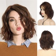 Category:Synthetic Wig; Gender:Women's; Wig Type:Natural Wigs,Short; Color Shade:Brown; Hair Material:Synthetic Hair; Cap Construction:Machine Made; Texture:Wavy; Length:Short; Heat Resistant:Yes; Listing Date:09/13/2021; Hairstyle:Asymmetrical; Can Be Permed:No Short Wavy Bob, Natural Hair Wigs, Wig Party, Natural Wigs, Peinados Fáciles Para Cabello Corto, Wavy Bobs, Short Wavy, Brown Wig, Short Bob Wigs