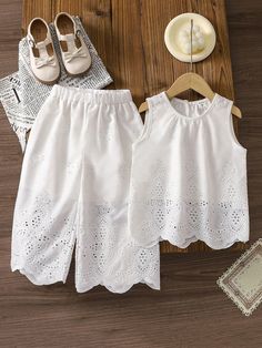 Young Girl Solid Color Hollow Out Embroidery Round Neck Sleeveless Top And Long Pants Summer Casual 2pcs Outfits Beige Boho  Sleeveless Polyester,Woven Fabric Plain  Non-Stretch  Young Girls Clothing, size features are:Bust: ,Length: ,Sleeve Length: Sleeveless Cotton Pant Set For Summer, White Cotton Matching Outfits Set, White Cotton Matching Outfit Sets, Summer Matching Cotton Outfit Sets, Cotton Matching Outfits For Summer, Summer Cotton Matching Outfits Sets, White Matching Sets For Spring, White Matching Pant Set For Summer, Casual Sleeveless Pant Set With Matching Top