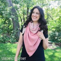 woman wearing a crochet triangle scarf Crochet Triangle Scarf Pattern, Crochet Lacy Scarf, Triangle En Crochet, Triangle Shawl Crochet, Triangle Scarf Crochet Pattern, Crochet Triangle Shawl, Crochet Triangle Shawl Pattern, Lacy Scarf, Crochet Triangle Scarf