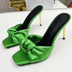 TAAFO Green Satin Sandals Woman Open Toe Beige Blue Strange Metal High Heels Lady Mules Slippers green-43 Mules Slippers, Sandals Woman, Satin Sandals, Green Satin, Open Toe, Womens Sandals, High Heels, Slippers, Satin