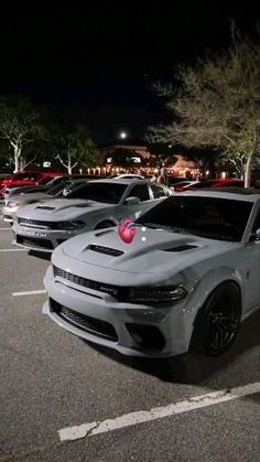 several cars parked in a parking lot at night