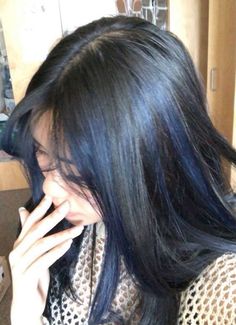 Black Hair Blue Highlights Long, Ashy Blue Highlights, Navy Dyed Hair, Brown Blue Hair Color, Navy Hair Highlights, Black Hair Blue Highlights Short, Blue Hair Black Highlights, Blue Hair Curtain Bangs, Dyed Hair On Black Hair