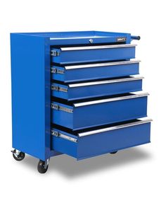 a blue toolbox with five drawers on wheels and one drawer open to the side