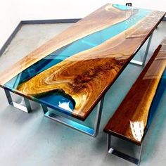 Look at the shine on this thing😱 @naturesbeautywoodworking chose this beautiful combination👌 #blue #table #epoxy #design #future Seni Resin, Epoxy Diy, Epoxy Projects, Wood Resin Table, Epoxy Wood Table, Wood Table Design, Epoxy Resin Diy, Epoxy Resin Table, Resin Furniture