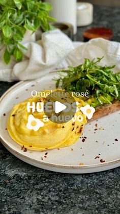 a white plate topped with food on top of a marble counter next to a potted plant