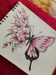 a drawing of a butterfly with pink flowers on it's back and wings flying