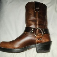 Brown Leather Moto Boots, 1 3/4 Inch Heel, Size 6.5. The Outsole Has Great Traction. Worn Once, Great Condition. Rugged Leather-sole Moto Boots For Rodeo, Western Style Leather Moto Boots With Plain Toe, Leather Biker Boots With Snip Toe, Western Moto Boots With Leather Lining And Round Toe, Western Moto Boots With Calf Leather And Leather Lining, Western Calf Leather Moto Boots With Round Toe, Western Style Leather Sole Ankle Moto Boots, Western Moto Boots With Leather Lining, Western Calf Leather Moto Boots With Leather Sole