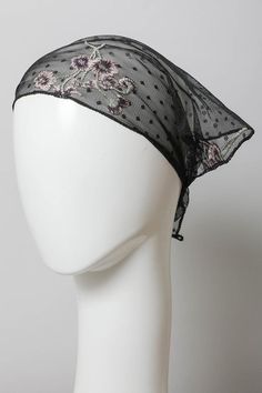 Tulle Lace Embroidered Poppy Headscarf Elegant Black Spring Headscarf, Elegant Black Headscarf For Spring, One Size Black Scarves For Spring, Black One Size Scarves For Spring, Black One-size Scarves For Spring, Adjustable Black Bandana For Spring, Black One Size Summer Scarves, Embroidered Poppy, Style Bandana