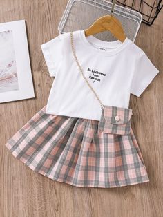 Toddler Girls Slogan Graphic Tee & Plaid Skirt & Bag | SHEIN USA Slogan Graphic Tee, Shein Kids, Toddler Bag, School Clothes, Pocket Jacket, Plaid Skirt, Cute Everyday Outfits, Back To School Outfits, Plaid Skirts