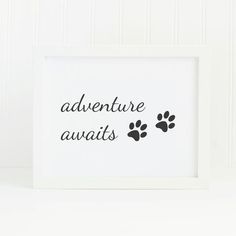 a black and white print with the words adventure awaits in front of a dog's paw