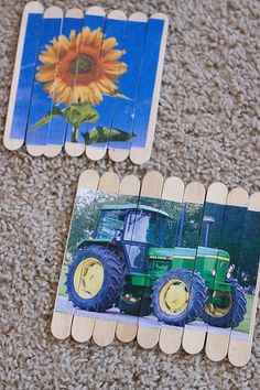 two matching match cards, one with a tractor and the other with a sunflower