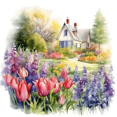 a watercolor painting of a house surrounded by colorful flowers and greenery with trees in the background