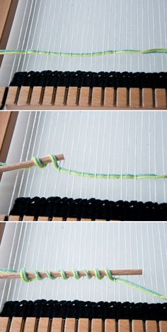 three rows of yarn are being worked on the loom with two knitting needles in each row