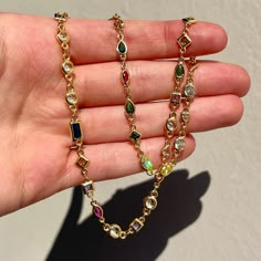 14k gold fill chain with embedded lab-grown colorful gem stones that sparkle beautifully in the sun. 15" chain with 2.5" extension chain. Chunky Gold Jewelry, Shein Summer, Colorful Necklace, Gold Filled Necklace, Dope Jewelry, Jewelry Essentials, Funky Jewelry, Stacked Jewelry, Jewelry Lookbook