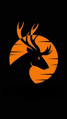 an orange and black deer head with the sun in the background on a black background