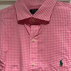 Never Worn But Altered For Sleeves To Fit Like A Medium Even Though It Is A Size Large In Custom Slim Fit. Fits Like A Classic Fit Size Medium. Stretch Cotton. Fitted Plaid Preppy Shirt, Preppy Gingham Shirt For Summer, Summer Preppy Gingham Shirt, Classic Plaid Shirt For Spring, Pink Gingham, Collar Shirt, Ralph Lauren Shirt, Collar Shirts, Casual Shirts For Men