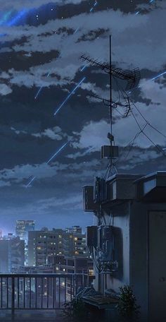 an anime scene with the city lights in the background and shooting stars above them at night