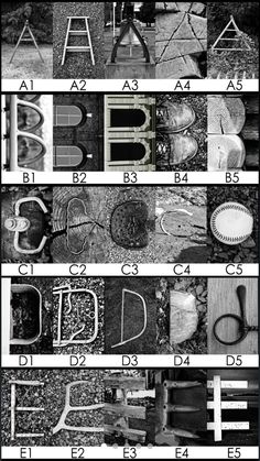 the letters and numbers are arranged in black and white photos, with different shapes to each letter