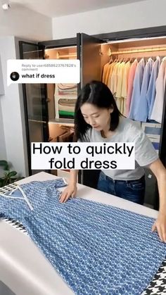 a woman standing in front of an ironing board with the words how to quickly fold dress on it