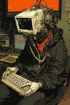 a man sitting in front of a computer monitor with a clock on it's face