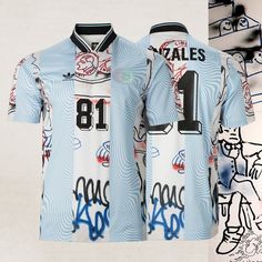 two jerseys with graffiti on them and one has the number 1 in it's left side