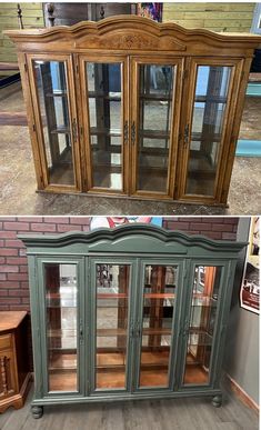 an old china cabinet with glass doors and wood trimmings, before and after being painted