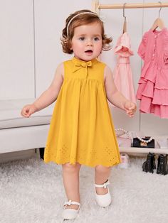 Baby Girl Bow Front Laser Cut Out Scallop Trim Dress Mustard Yellow   Sleeveless Woven Fabric Plain Smock Non-Stretch  Baby Girls Clothing, size features are:Bust: ,Length: ,Sleeve Length: Baby Layouts, Top Moda, Scallop Trim, Trim Dress, Baby Yellow, Girls Bows