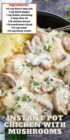 a pan filled with chicken and mushrooms covered in gravy next to mashed potatoes