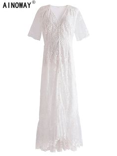 SPECIFICATIONS Vintage Chic Women White Embroidery Lace Short Sleeve Beach Slim Bohemian Maxi Dress Robe Ladies V-neck Boho Dresses Vestidos Brand Name: ainoway Elasticity: Non Strech Sleeve Style: Regular Fabric Type: Knitting Pattern Type: Floral Fit Type: Loose Fit Silhouette: A-LINE Neckline: V-Neck Decoration: Zippers Style: Bohemian Dresses Length: Ankle-Length Material: Polyester Material: Lace Origin: Mainland China CN: Anhui Season: Summer Closure Type: zipper Type: Regular Material Com Spring Beach Lace Dress With V-neck, Floral Embroidery Short Sleeve Beach Cover-up Dress, Beach Boho Lace Dress With V-neck, White Bohemian V-neck Floral Dress, White Floral Embroidered Dress For Beach Cover-up, Floral Fit, Short Sleeve Maxi Dresses, Bohemian Maxi Dress, Lady V