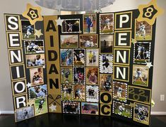 a black and gold collage with photos on it