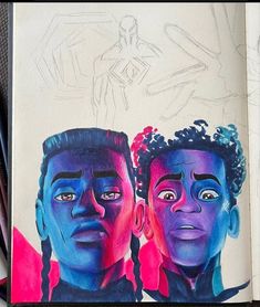 a drawing of two people with their faces painted in blue and pink on a notebook